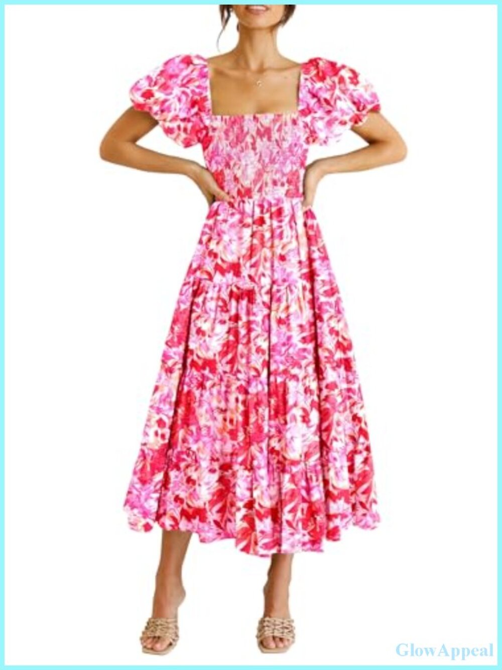 Smocked Midi A-Line Dress Square Neck Floral Ruffle Summer